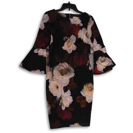 Womens Purple Black Floral Bell Sleeve Back Zip Sheath Dress Size 6