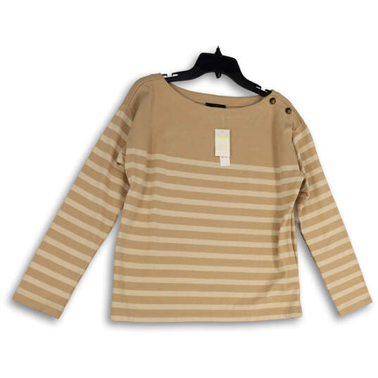 NWT Womens Beige White Striped Long Sleeve Round Neck Pullover T-Shirt Sz S image number 1
