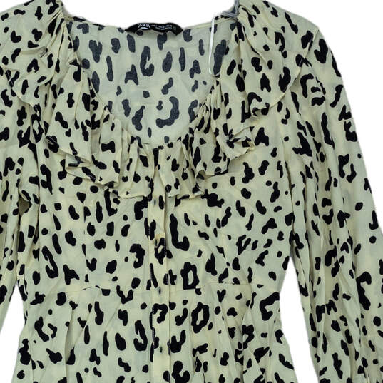 Womens Beige Black Animal Print Ruffle  Long Sleeve Blouse Top Size Small image number 3