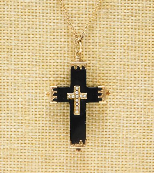 Vintage 10k Yellow Gold Faux Onyx Seed Pearl Cross Pendant Necklace 8.6g image number 3