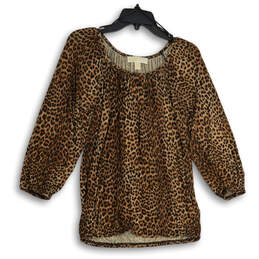 Womens Beige Brown Cheetah Print Round Neck Long Sleeve Blouse Top Size S