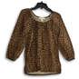 Womens Beige Brown Cheetah Print Round Neck Long Sleeve Blouse Top Size S image number 1