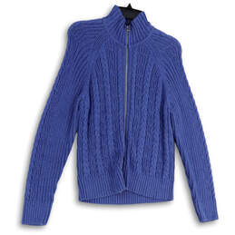 Womens Blue Knitted Long Sleeve Mock Neck Full-Zip Cardigan Sweater Size L