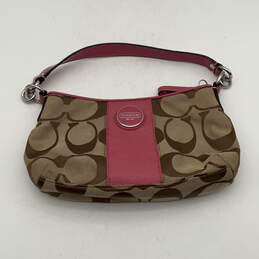 Womens Pink Brown Signature Print Zipper Pocket Clutch Hobo Bag