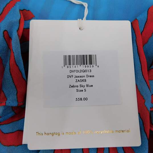Diane von Furstenberg Jaxson Ruffled Crepe de Chine Blue & Red Zebra Print Women's Midi Dress Size S NWT with COA image number 6
