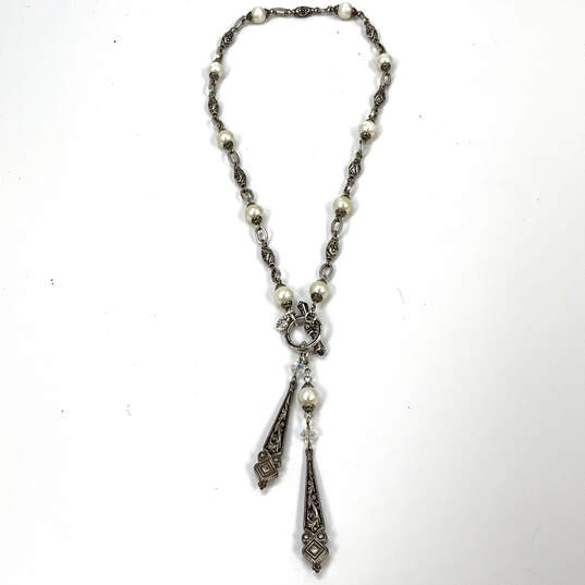 Designer Brighton Silver-Tone Chain Pearl Crystal Stone Pendent Necklace image number 3