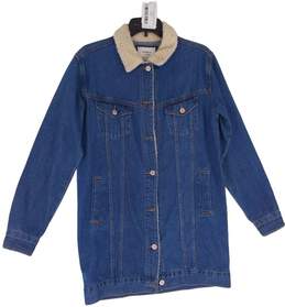 Womens Blue Sherpa Long Sleeve Collared Button Up Denim Jacket Size Small