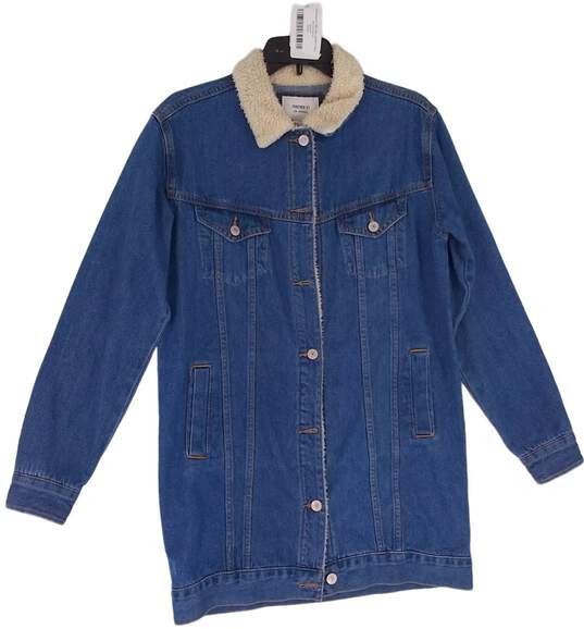 Womens Blue Sherpa Long Sleeve Collared Button Up Denim Jacket Size Small image number 1