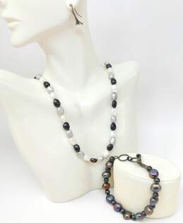 Rustic 925 Dark & White Pearls Bead Necklace Bracelet & Calla Lily Drop Earrings