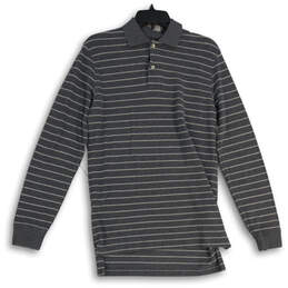 Mens Gray Stripes Collared Long Sleeve Front Button Polo Shirt Size Small