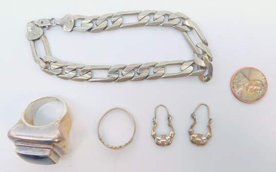 Artisan 925 Chunky Onyx Inlay Ring Figaro Chain Bracelet w/ Claddagh Fine Jewelry 57.5g image number 6