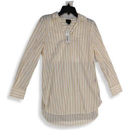 NWT Womens Tan White Striped Spread Collar Tunic Blouse Top Size Small