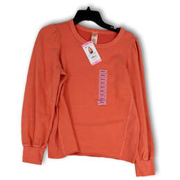 NWT Womens Orange Round Neck Puff Sleeve Raw Hem Pullover Sweatshirt Size S