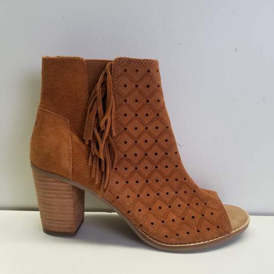 TOMS Majorca Brown Suede Peep Toe Fringe Ankle Zip Heel Boots Shoes Size 9.5 image number 1