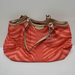 Coach Women's Red/Orange Zebra Striped Canvas Hand Bag Purse w/ White Leather Trim