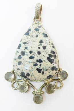 Artisan 925 Dalmatian Jasper Teardrop Cabochon & Smoky Glass Scrolled Pendant 19.4g