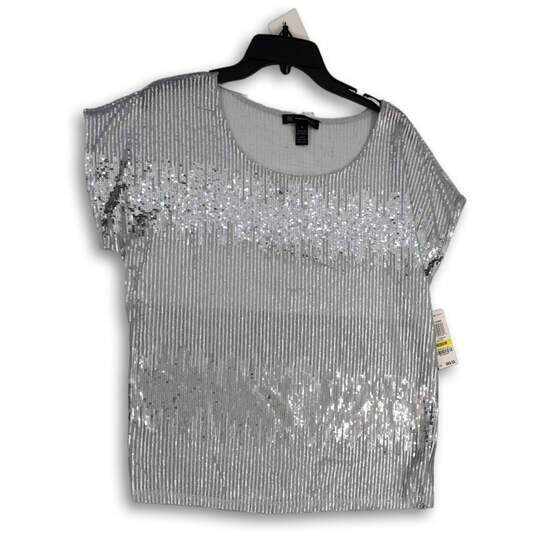 NWT Womens Silver Sequin Stripe Round Neck Pullover Blouse Top Size M image number 1