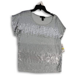 NWT Womens Silver Sequin Stripe Round Neck Pullover Blouse Top Size M