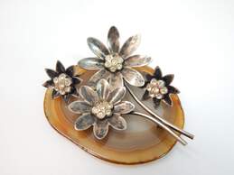 Vintage Sterling 925 Rhinestones Flower Screw Back Earrings & Brooch Set