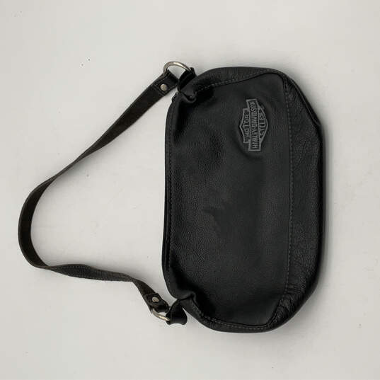 Buy the Womens Black Leather Embroidered Logo Zipper Top Handle Biker Shoulder  Bag
