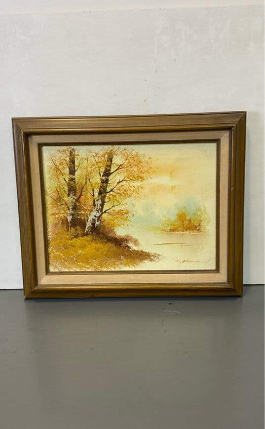 Original Landscape Oil on canvas Birch Trees on a Lakefront 1970s by D. Minefeul image number 1