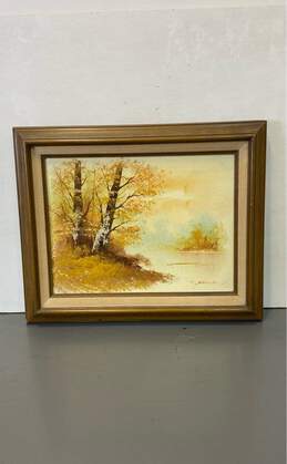 Original Landscape Oil on canvas Birch Trees on a Lakefront 1970s by D. Minefeul