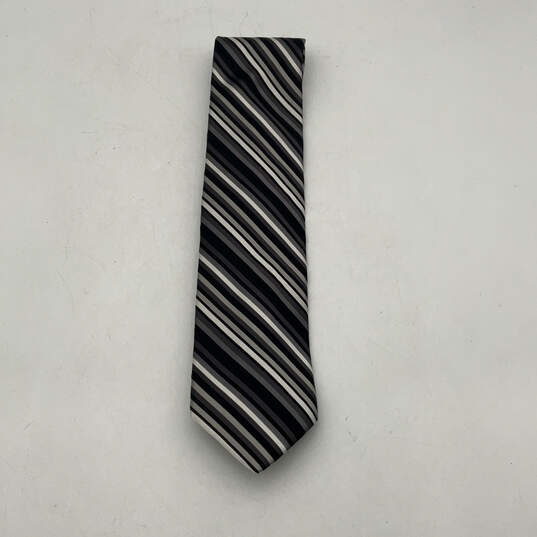 Mens Black White Striped Formal Adjustable Keeper Loop Designer Necktie image number 1