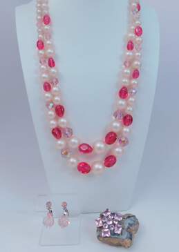Vintage Pink Aurora Borealis & Faux Pearl Multi Strand Necklace & Earrings w/ Rhinestone Brooch 114g