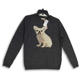 NWT Womens Dark Grey Dog Print Knitted Crew Neck Pullover Sweater Size M