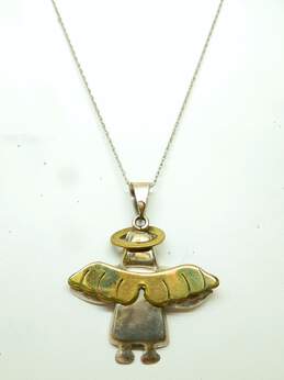 Artisan Mexico 925 & Brass Accents Halo & Wings Figural Angel Pendant Chain Necklace 8.8g alternative image