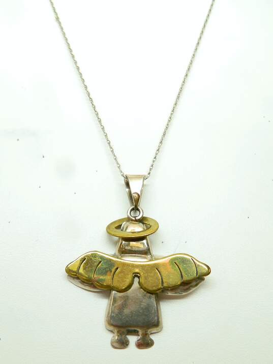 Artisan Mexico 925 & Brass Accents Halo & Wings Figural Angel Pendant Chain Necklace 8.8g image number 2