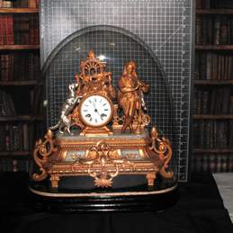 Antique 19th Century French Gilt Mantel Clock Under Glass Dome