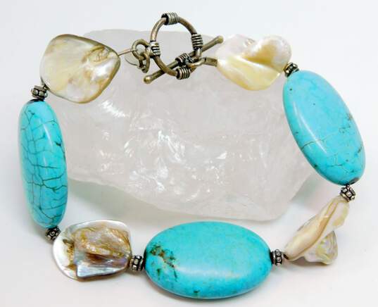 Artisan 925 Sterling Silver Leaf Pendant Necklace & Donna Dressler Pearl & Faux Turquoise Bracelet 48.0g image number 3