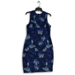 Womens Blue Floral Sleeveless Round Neck Back Zip Sheath Dress Size 12P