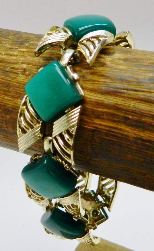 Vintage Coro Green Lucite & Gold Tone Panel Bracelet 34.9g image number 2
