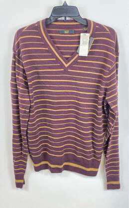 NWT Penguin Men Purple Striped V-Neck Long Sleeve Pullover Sweater Size Large