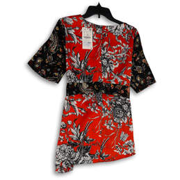 NWT Womens Black Orange Floral Asymmetric Hem Tie Waist Blouse Top Size L alternative image
