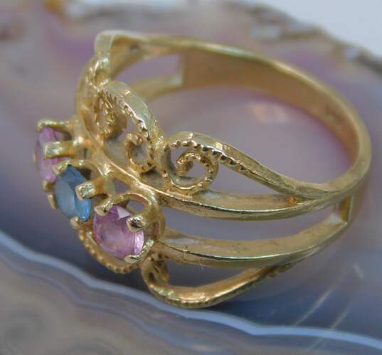 Romantic 14K Yellow Gold Pink Sapphire & Blue Topaz Ring 3.4g image number 4