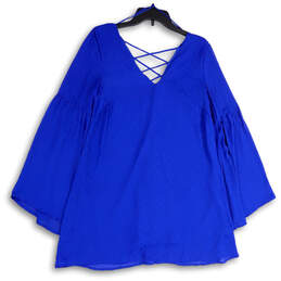 Womens Blue Strappy V-Neck Bell Sleeve Pullover Tunic Blouse Top Size M