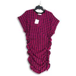 NWT Zara Womens Pink Black Houndstooth Ruched Surplice Neck Sweater Dress Size L