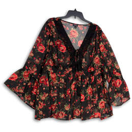 Womens Black Red Floral V-Neck Bell Sleeve Pullover Blouse Top Size 3