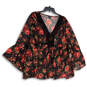Womens Black Red Floral V-Neck Bell Sleeve Pullover Blouse Top Size 3 image number 1