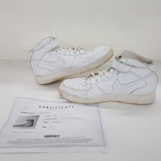 AUTHENTICATED COA Nike Air Force 1 Triple White Mid Men's Sneakers Size 13 image number 1