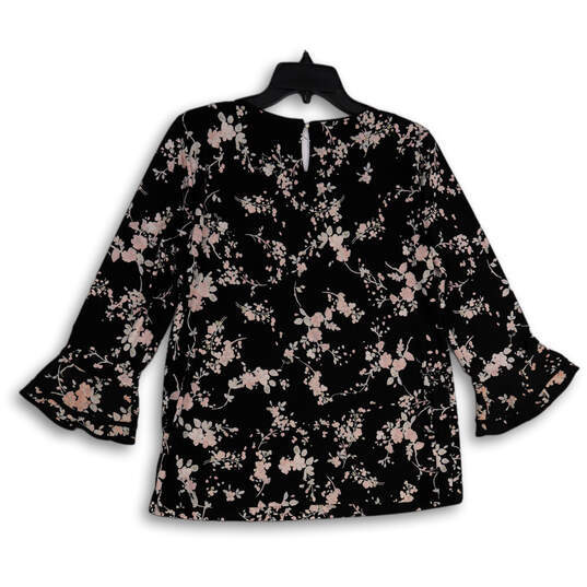 Womens Black Pink Floral Bell Sleeve Back Keyhole Blouse Top Size Medium image number 2