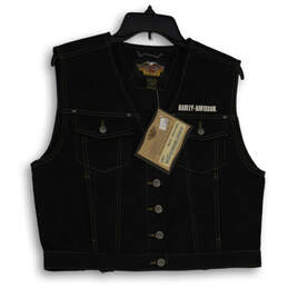 NWT Womens Black Denim Flap Pocket Button Front Biker Vest Size Large