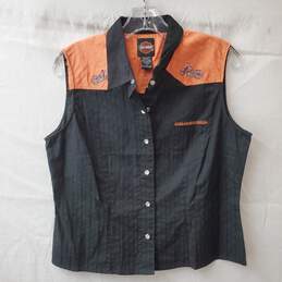 Harley Davidson Sleeveless Button Up Black & Orange Embroidered Top Size L