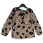 Womens Brown Black Floral Round Neck Long Sleeve Pullover Blouse Top Size M image number 1
