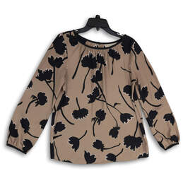 Womens Brown Black Floral Round Neck Long Sleeve Pullover Blouse Top Size M