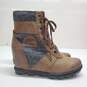Sorel Lexie Women Wedge Boots Brown Gray Felt Leather Round Toe Lace Up Size 6.5 image number 1