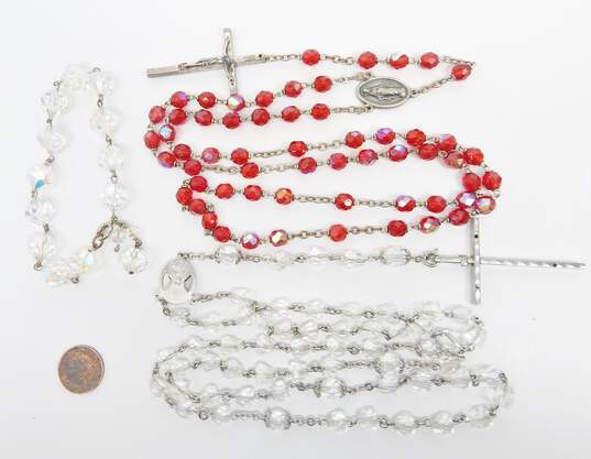 Vintage Silvertone Red & Clear Aurora Borealis Crystals Beaded Crucifix Cross Rosary Necklaces 122.2g image number 5